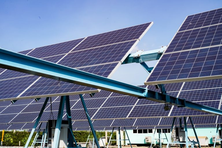 Solar power station, solar farm with electricity inverter
